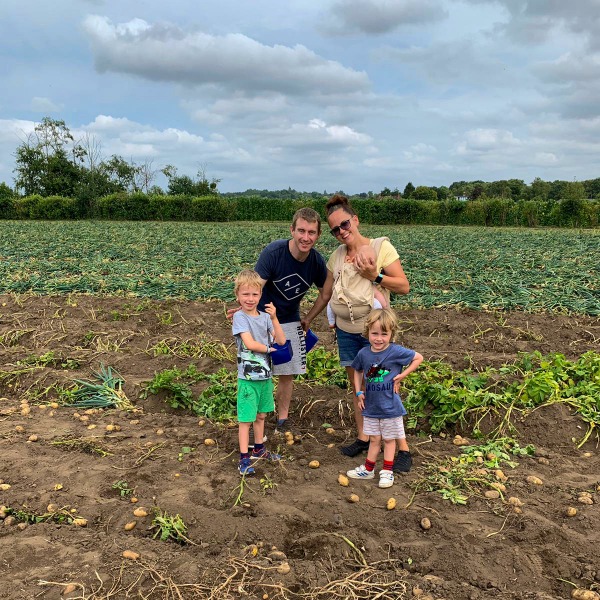 Family of five picking potatoes